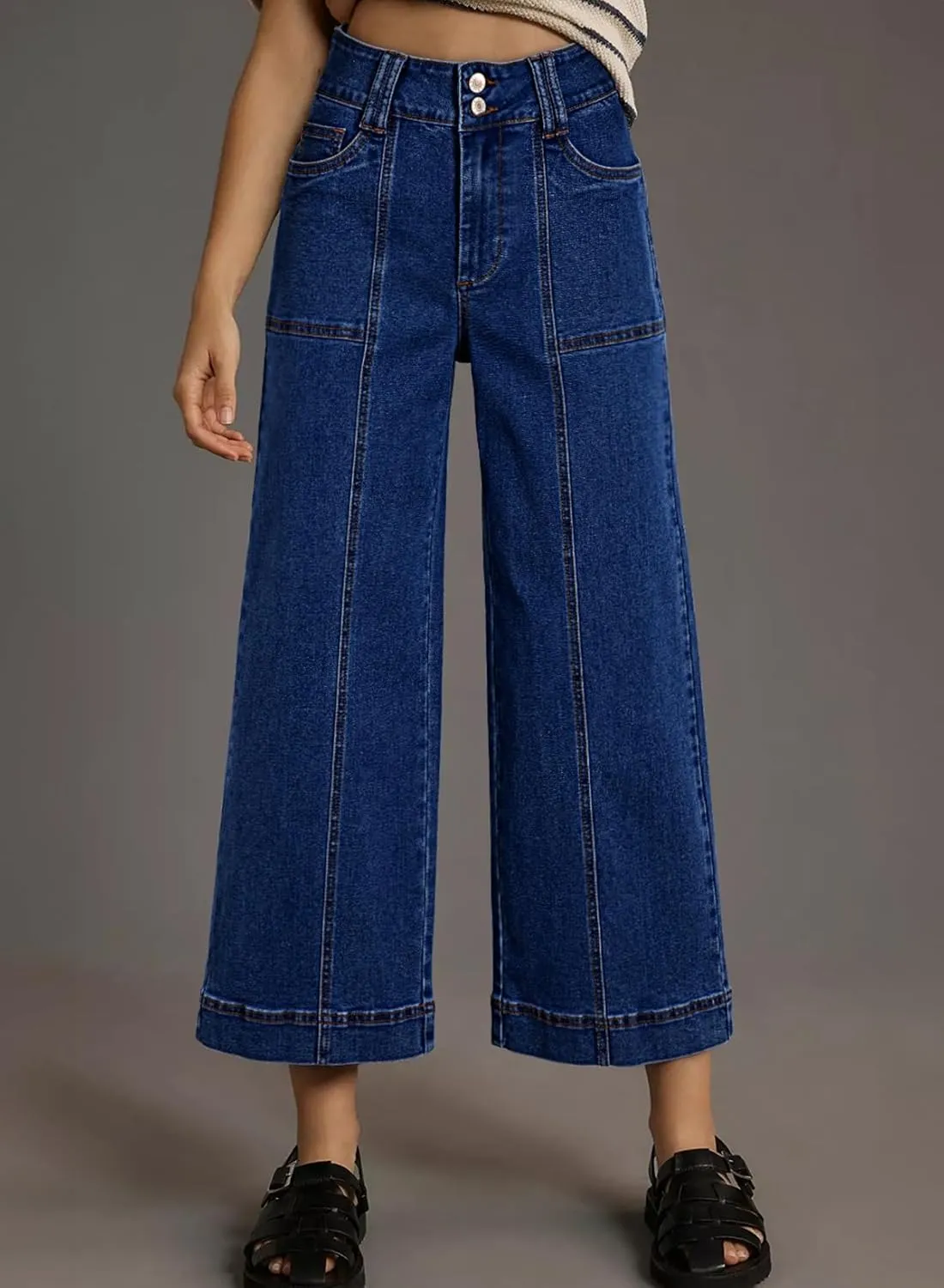 Astylish Womens High Waisted Wide Leg Jeans Cropped Straight Leg Denim Pants