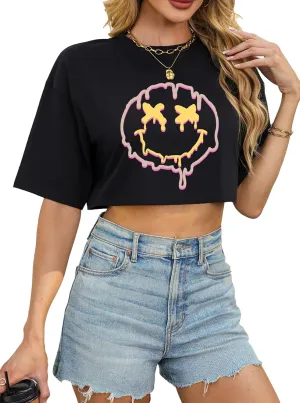 Avanova Women California Graphic Short Sleeve Crop Top Oversized Loose Tee Shirt