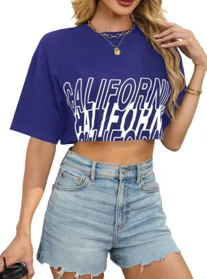 Avanova Women California Graphic Short Sleeve Crop Top Oversized Loose Tee Shirt