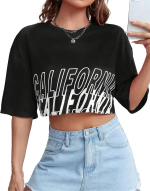Avanova Women California Graphic Short Sleeve Crop Top Oversized Loose Tee Shirt