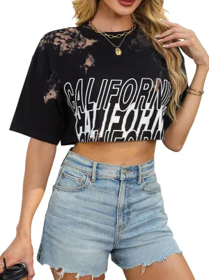 Avanova Women California Graphic Short Sleeve Crop Top Oversized Loose Tee Shirt