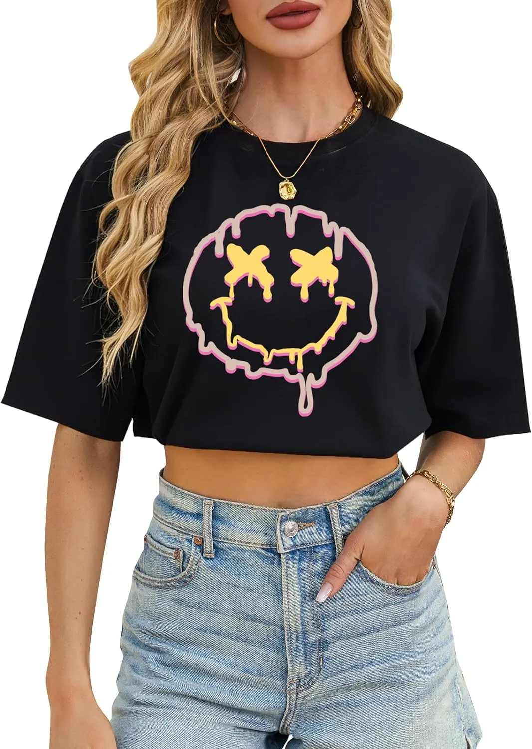 Avanova Women California Graphic Short Sleeve Crop Top Oversized Loose Tee Shirt