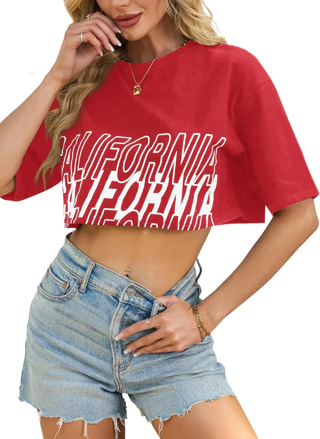 Avanova Women California Graphic Short Sleeve Crop Top Oversized Loose Tee Shirt
