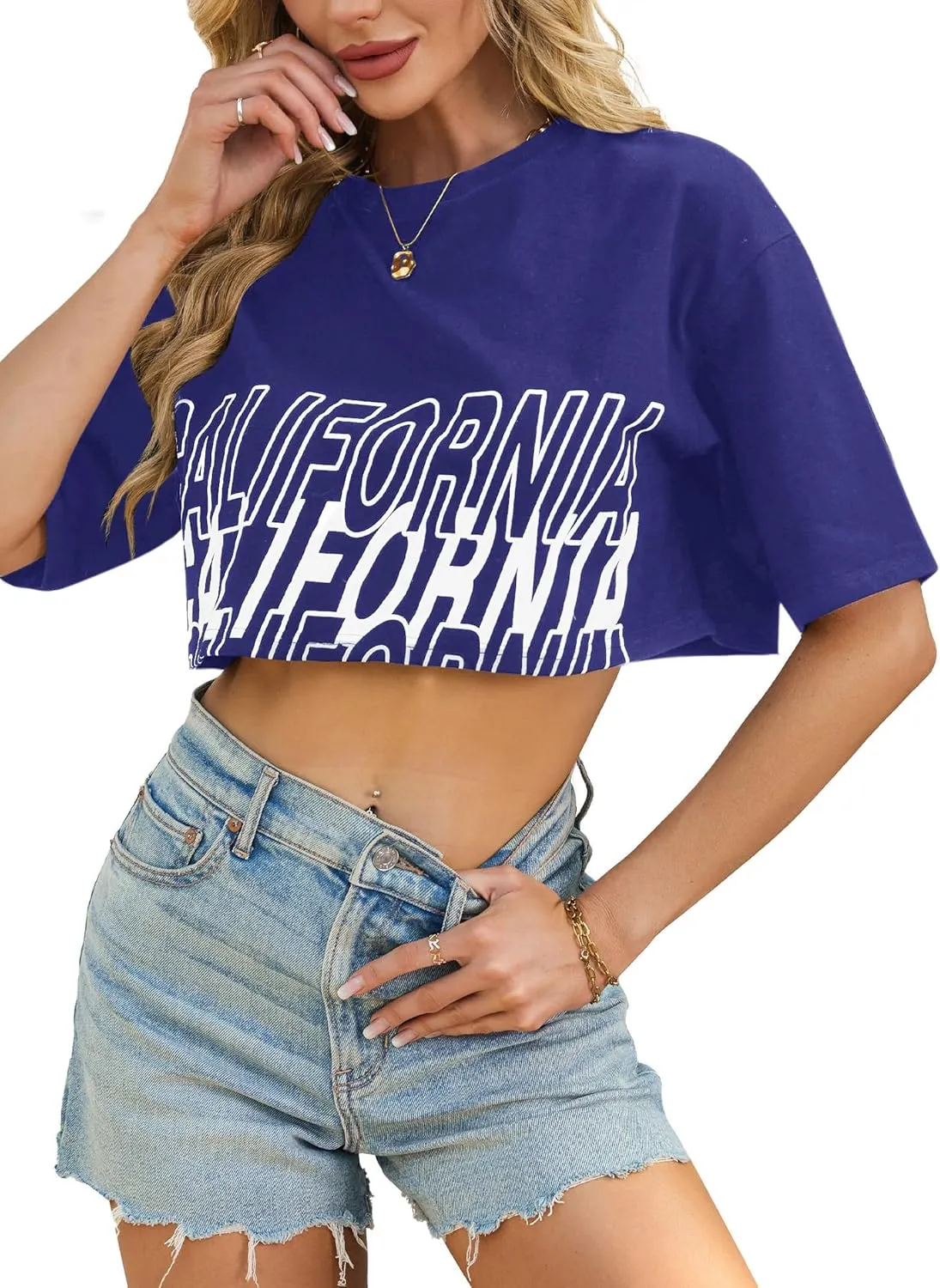 Avanova Women California Graphic Short Sleeve Crop Top Oversized Loose Tee Shirt