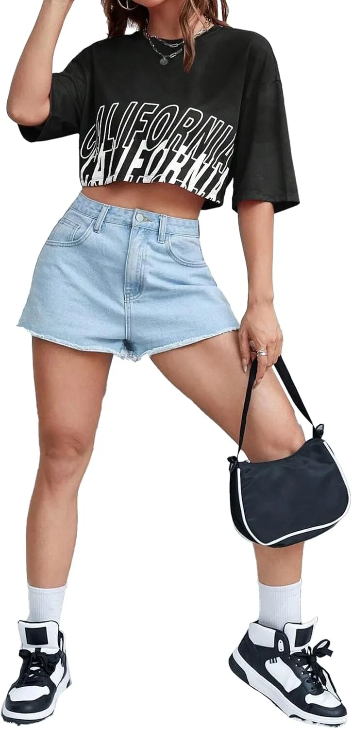Avanova Women California Graphic Short Sleeve Crop Top Oversized Loose Tee Shirt