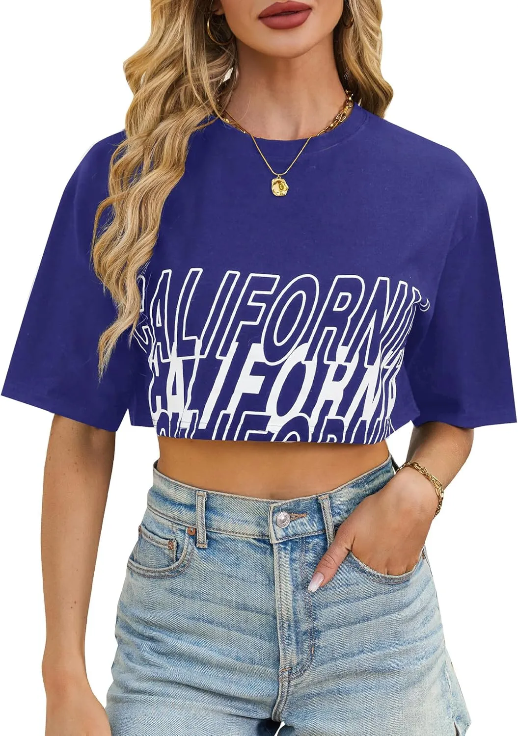 Avanova Women California Graphic Short Sleeve Crop Top Oversized Loose Tee Shirt