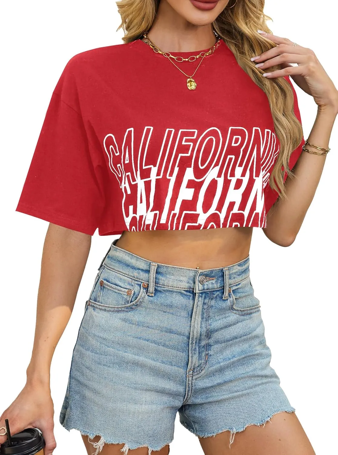 Avanova Women California Graphic Short Sleeve Crop Top Oversized Loose Tee Shirt