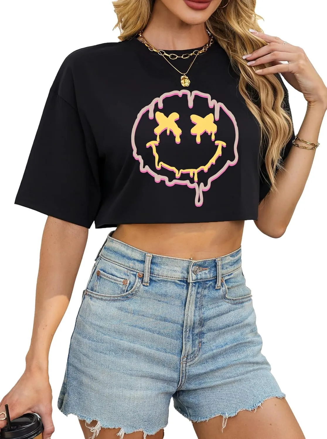Avanova Women California Graphic Short Sleeve Crop Top Oversized Loose Tee Shirt