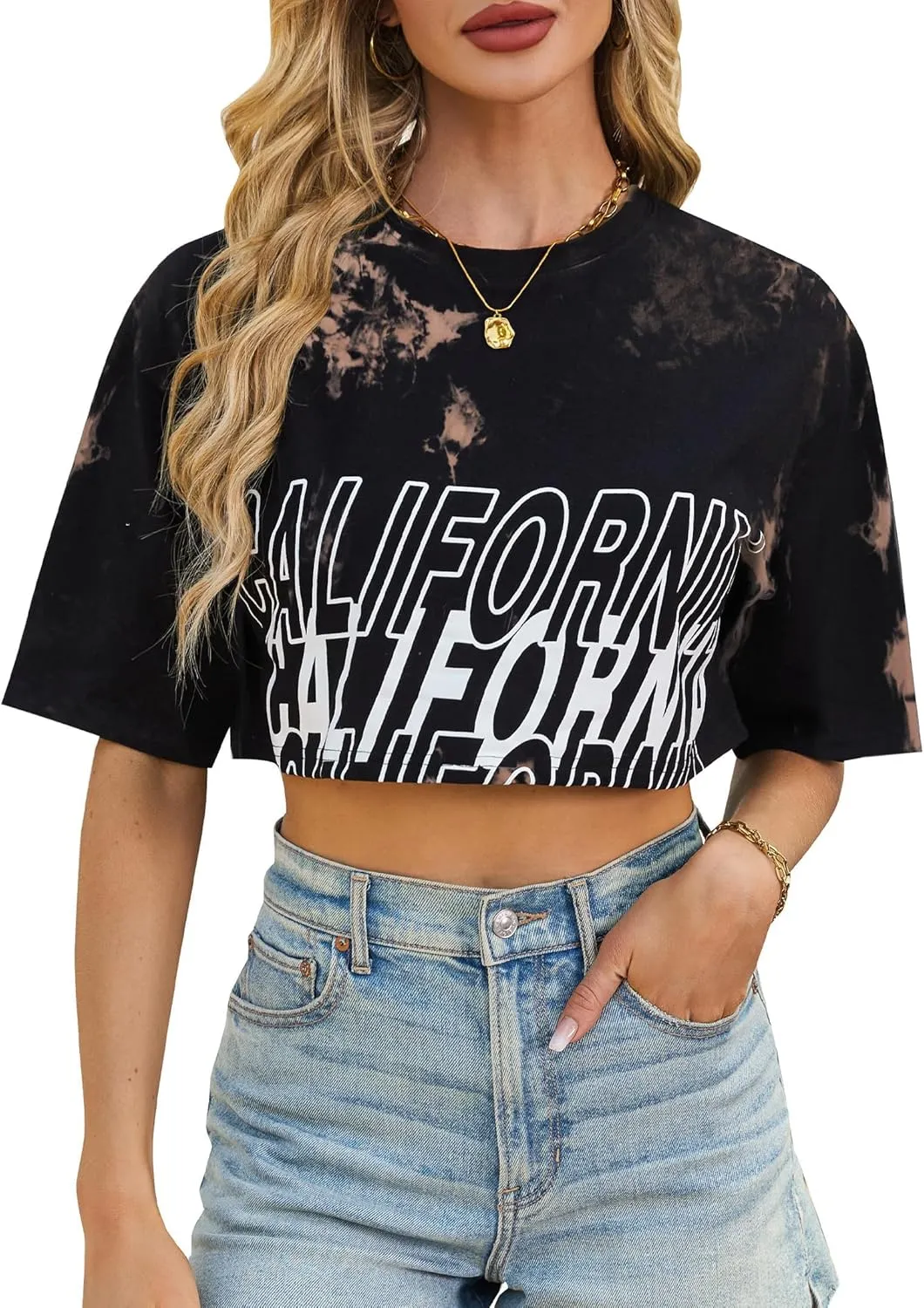 Avanova Women California Graphic Short Sleeve Crop Top Oversized Loose Tee Shirt