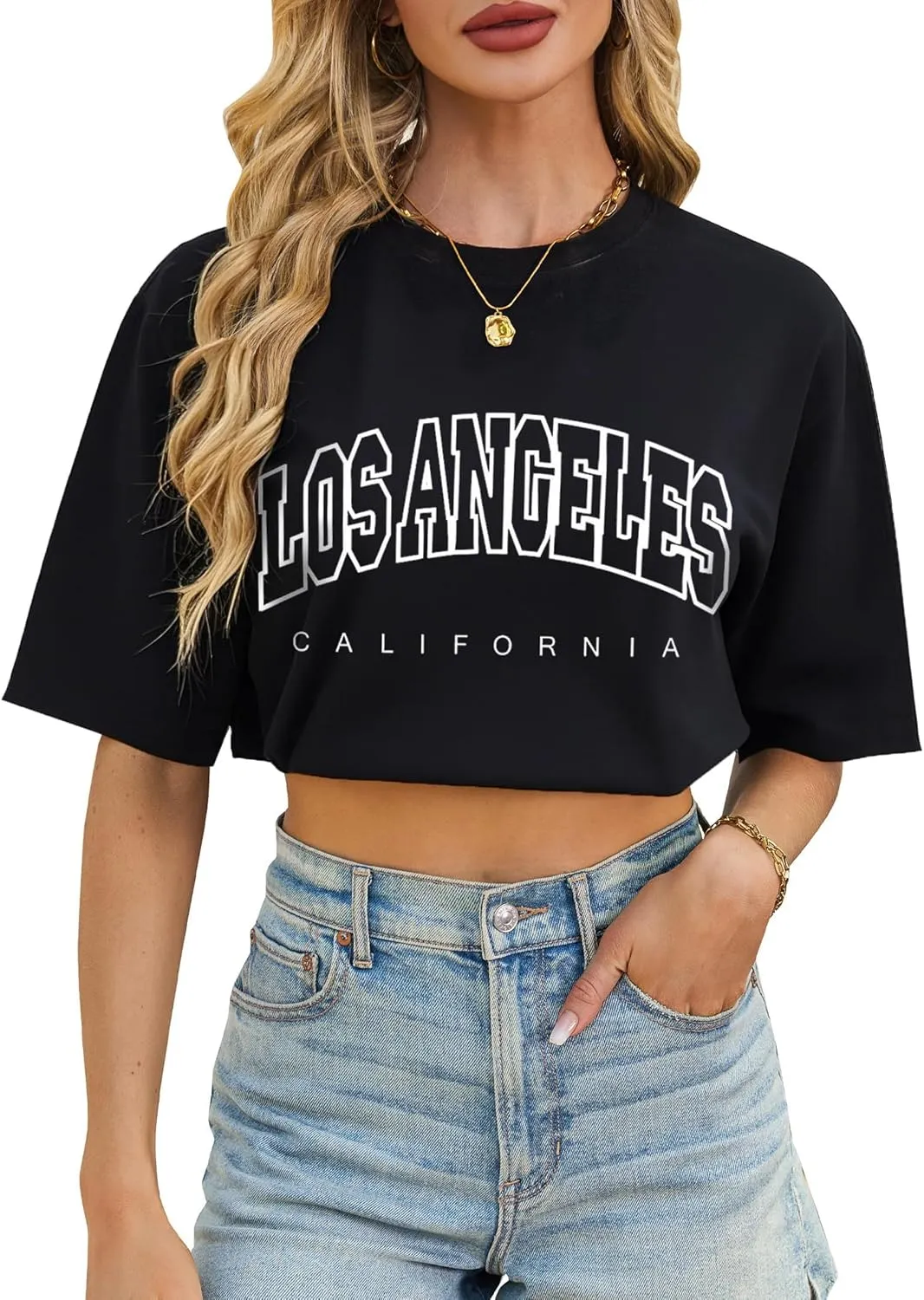 Avanova Women California Graphic Short Sleeve Crop Top Oversized Loose Tee Shirt