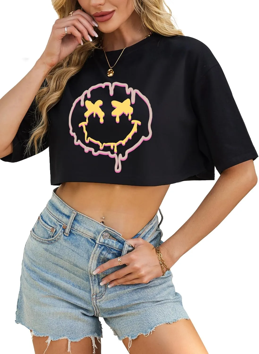 Avanova Women California Graphic Short Sleeve Crop Top Oversized Loose Tee Shirt