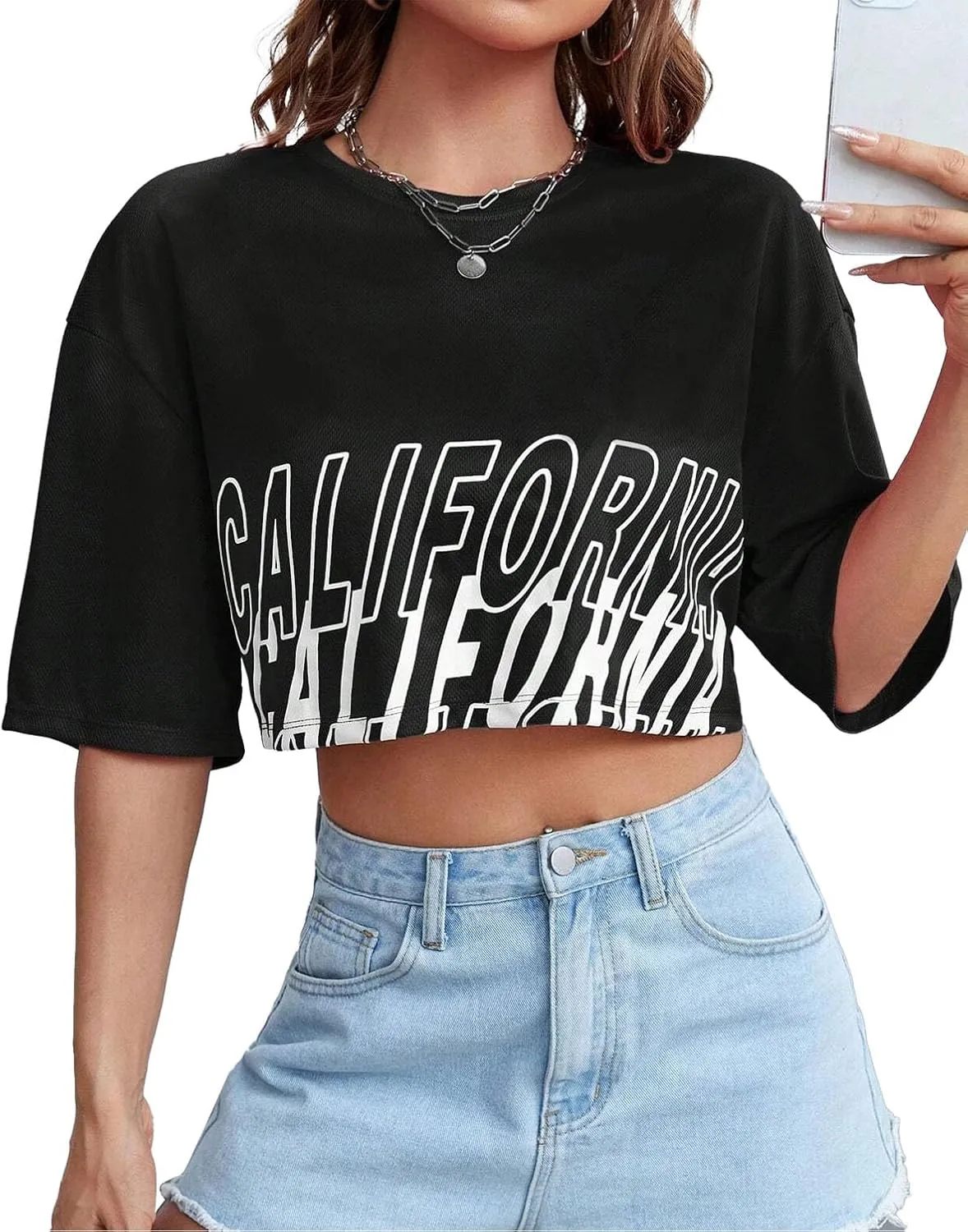Avanova Women California Graphic Short Sleeve Crop Top Oversized Loose Tee Shirt