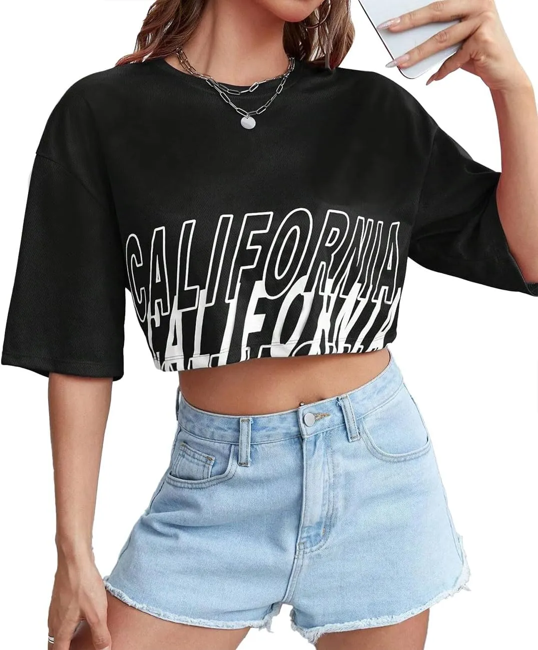 Avanova Women California Graphic Short Sleeve Crop Top Oversized Loose Tee Shirt