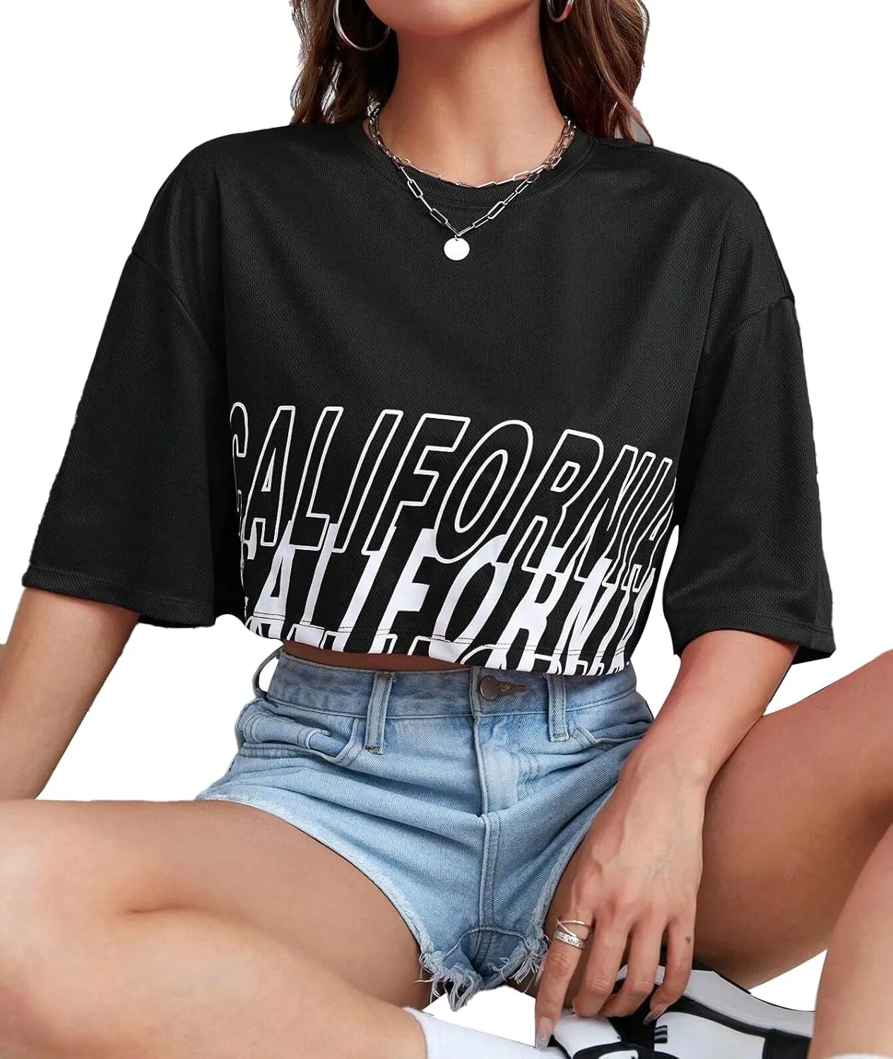 Avanova Women California Graphic Short Sleeve Crop Top Oversized Loose Tee Shirt