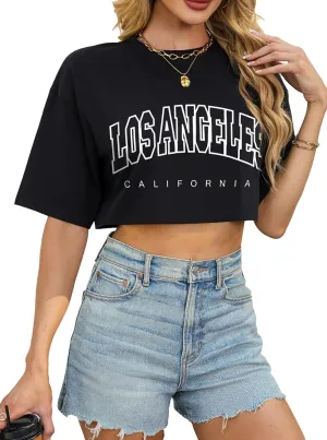 Avanova Women California Graphic Short Sleeve Crop Top Oversized Loose Tee Shirt