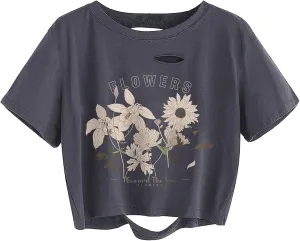 Avanova Women Distressed Loose Crop Top Oversized Short Sleeve Ripped Tee Shirt