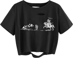Avanova Women Short Sleeve Oversized Ripped Graphic Crop Top Tee Shirt