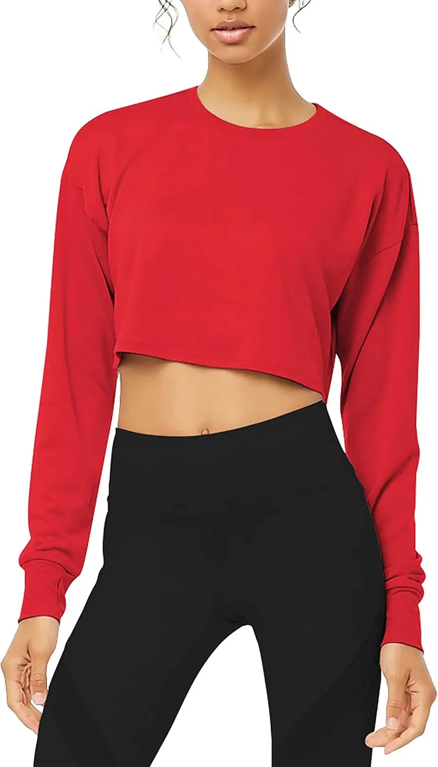 Bestisun Long Sleeve Crop Top Cropped Sweatshirt for Women with Thumb Hole