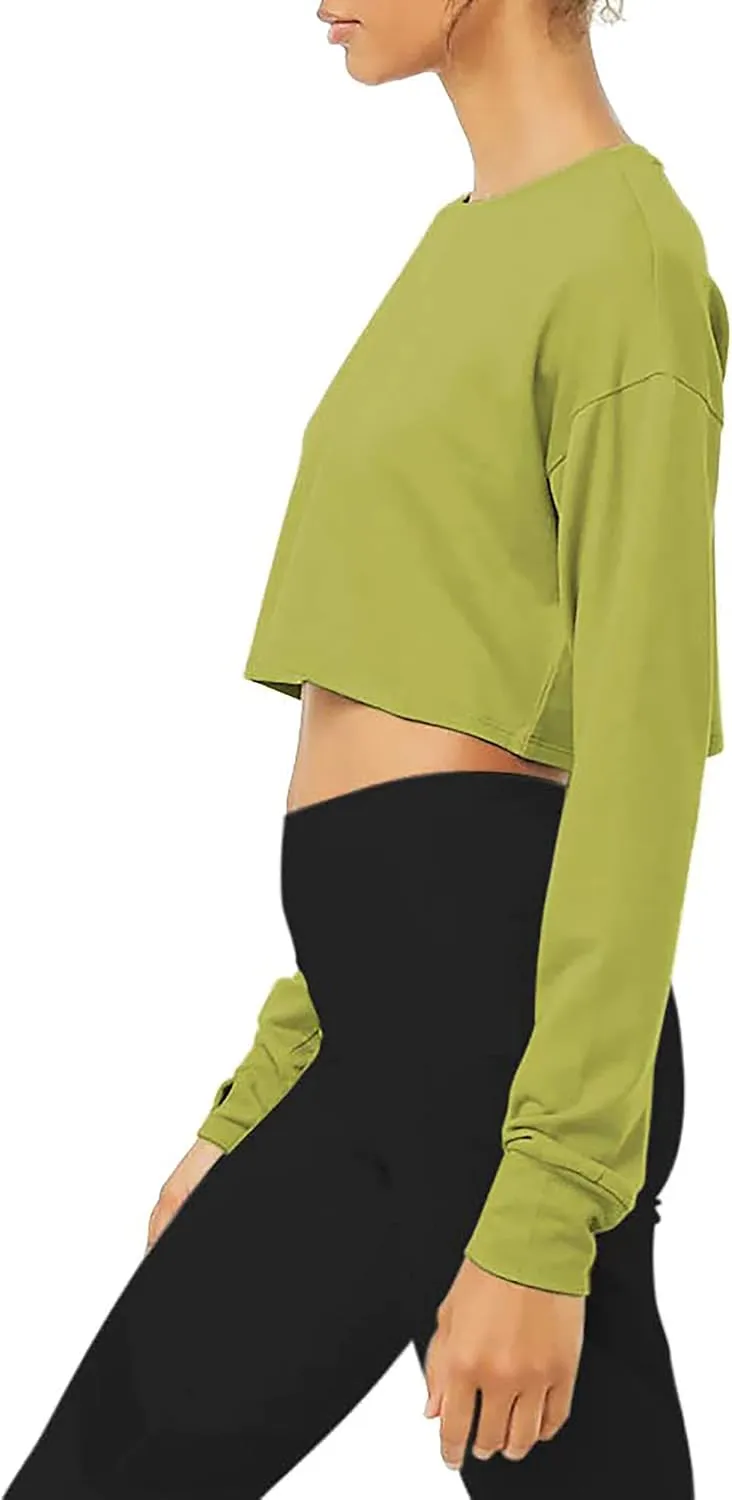 Bestisun Long Sleeve Crop Top Cropped Sweatshirt for Women with Thumb Hole