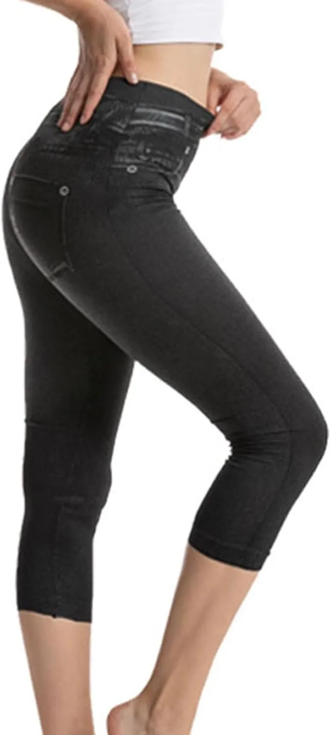 Binmer Women's Denim Capri Jeans Casual High Waisted Skinny Leggings Stretchy Pull On Waisted Casual Pants with Decor Pockets
