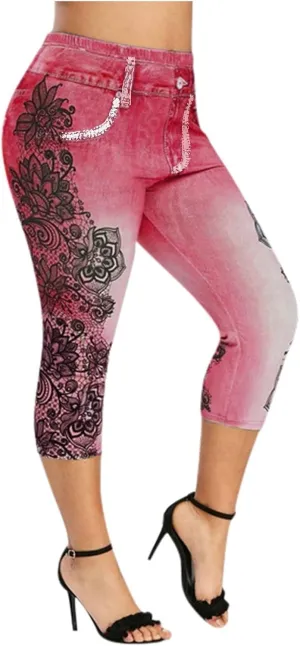 Binmer Women's Faux Denim Cropped Legging Plus Size High Waisted Yoga Pants Capri Jeggings Short Tights Stretch Denim Jeans