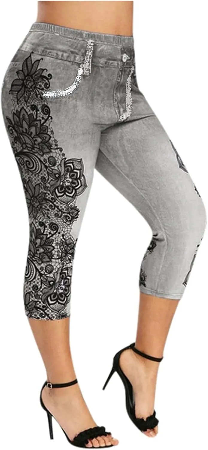 Binmer Women's Faux Denim Cropped Legging Plus Size High Waisted Yoga Pants Capri Jeggings Short Tights Stretch Denim Jeans