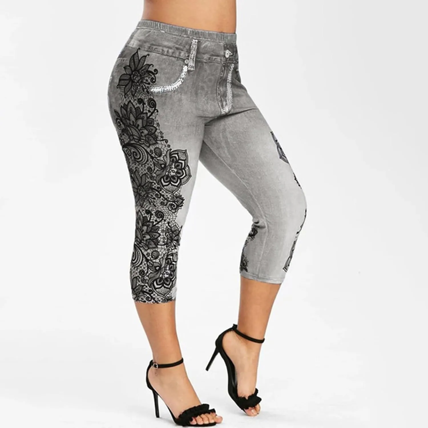 Binmer Women's Faux Denim Cropped Legging Plus Size High Waisted Yoga Pants Capri Jeggings Short Tights Stretch Denim Jeans