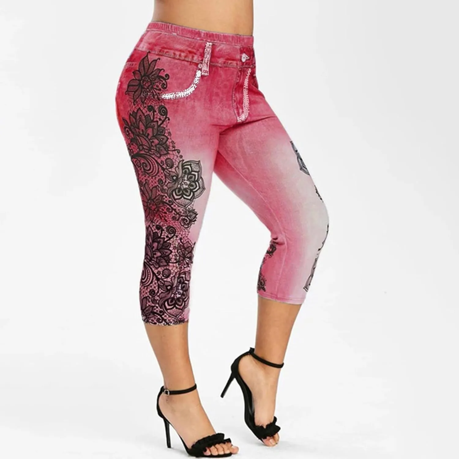 Binmer Women's Faux Denim Cropped Legging Plus Size High Waisted Yoga Pants Capri Jeggings Short Tights Stretch Denim Jeans