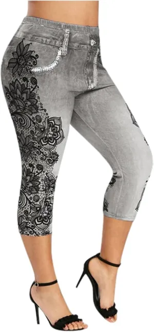 Binmer Women's Faux Denim Cropped Legging Plus Size High Waisted Yoga Pants Capri Jeggings Short Tights Stretch Denim Jeans