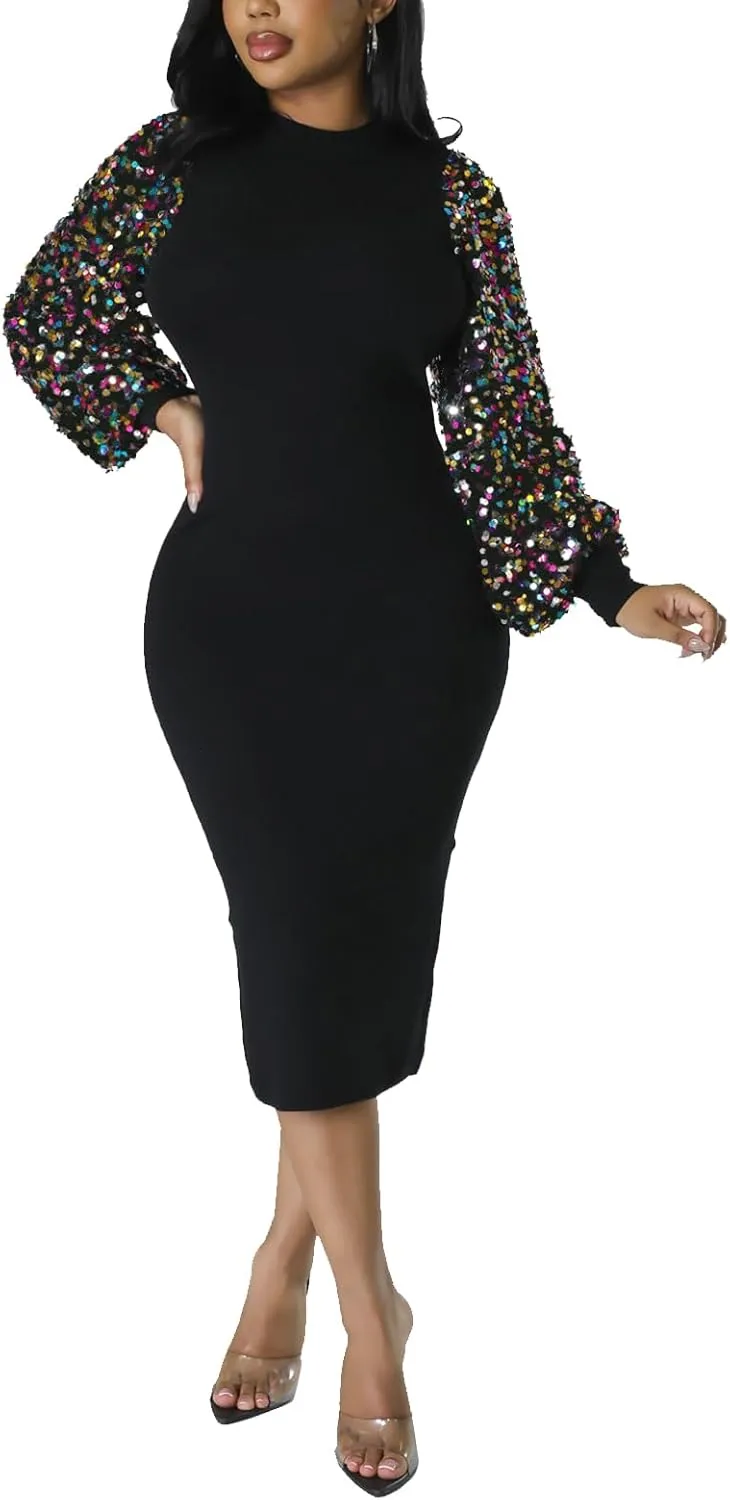 BOGURST Sequin Long Sleeve Dresses for Women Evening Party Crew Neck Club Cocktail Dresses