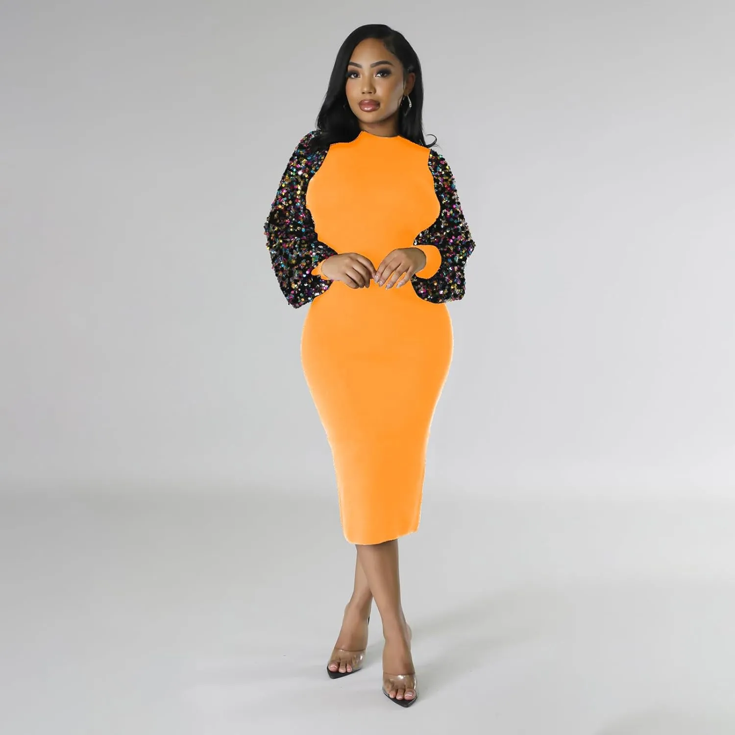 BOGURST Sequin Long Sleeve Dresses for Women Evening Party Crew Neck Club Cocktail Dresses