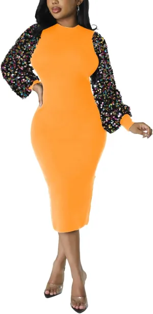 BOGURST Sequin Long Sleeve Dresses for Women Evening Party Crew Neck Club Cocktail Dresses