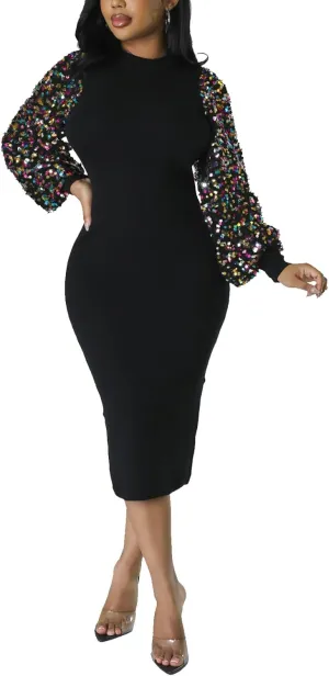 BOGURST Sequin Long Sleeve Dresses for Women Evening Party Crew Neck Club Cocktail Dresses