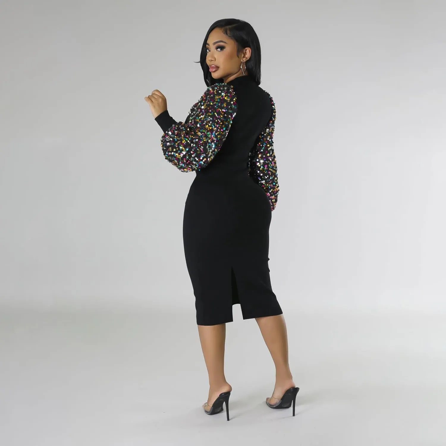 BOGURST Sequin Long Sleeve Dresses for Women Evening Party Crew Neck Club Cocktail Dresses