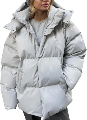 Borniu Women's 2024 Winter Long Sleeve Zip Puffer Jacket Pockets Baggy Short Down Coats Warm Hooded Puffer Coat Outerwear