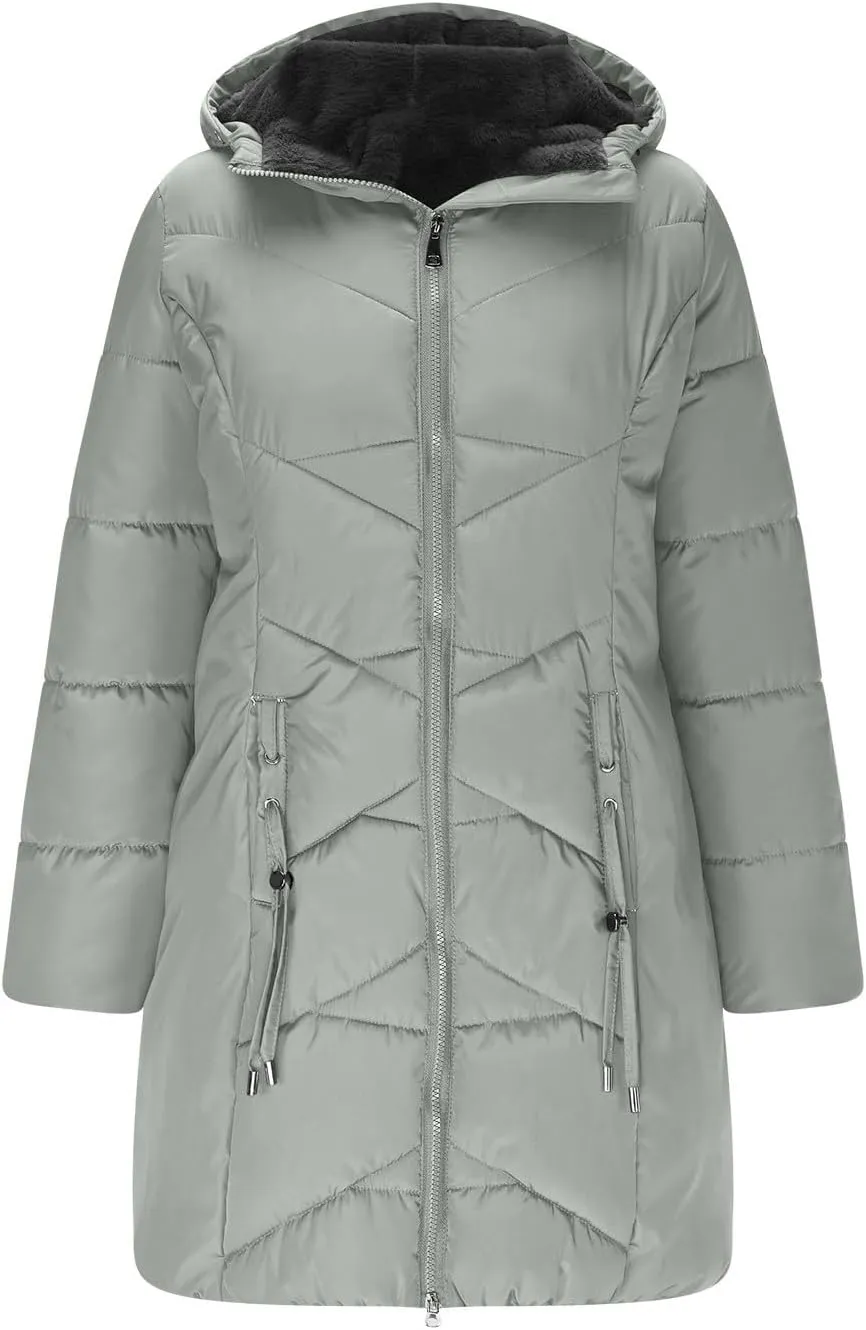 Borniu Women's Hooded Warm Winter Coat Quilted Thicken Puffer Jacket Fleece Lined Down Jacket Outerwear with Pockets