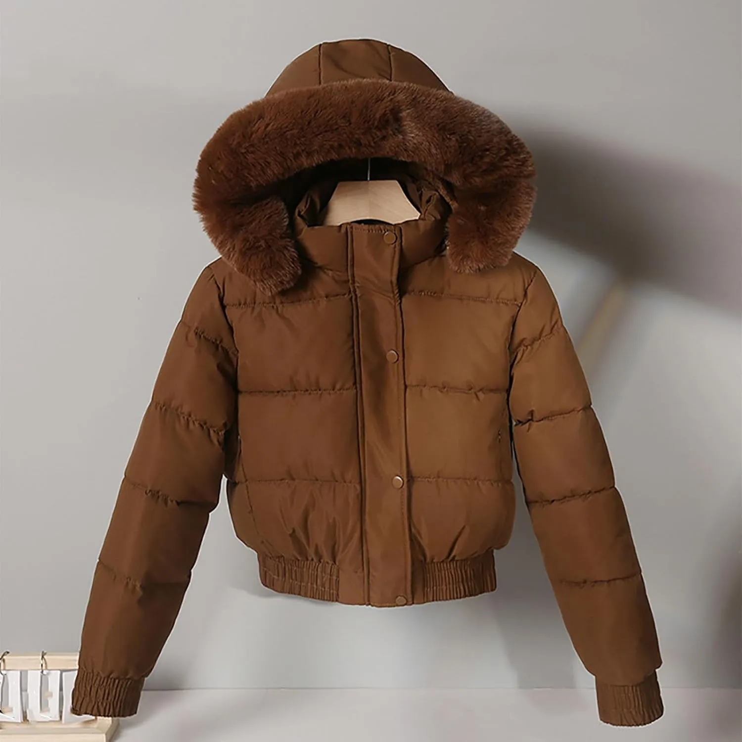 Borniu Women's Winter Cropped Quilted Puffer Coat Thicken Fleece Lined Down Jacket Faux Fur Hooded Fashion Puffer Jacket