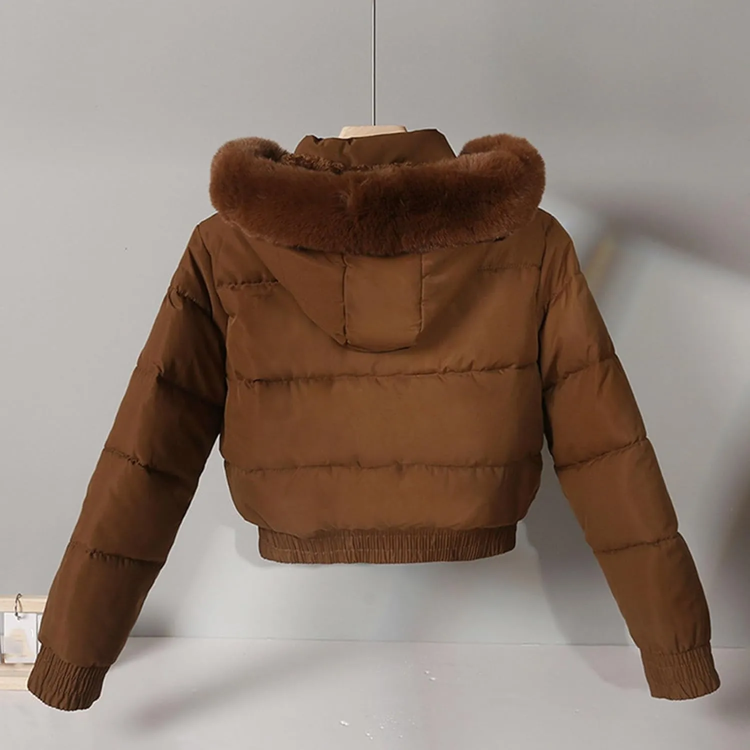 Borniu Women's Winter Cropped Quilted Puffer Coat Thicken Fleece Lined Down Jacket Faux Fur Hooded Fashion Puffer Jacket
