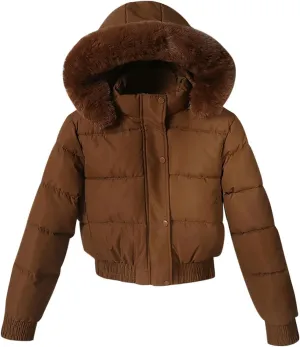 Borniu Women's Winter Cropped Quilted Puffer Coat Thicken Fleece Lined Down Jacket Faux Fur Hooded Fashion Puffer Jacket