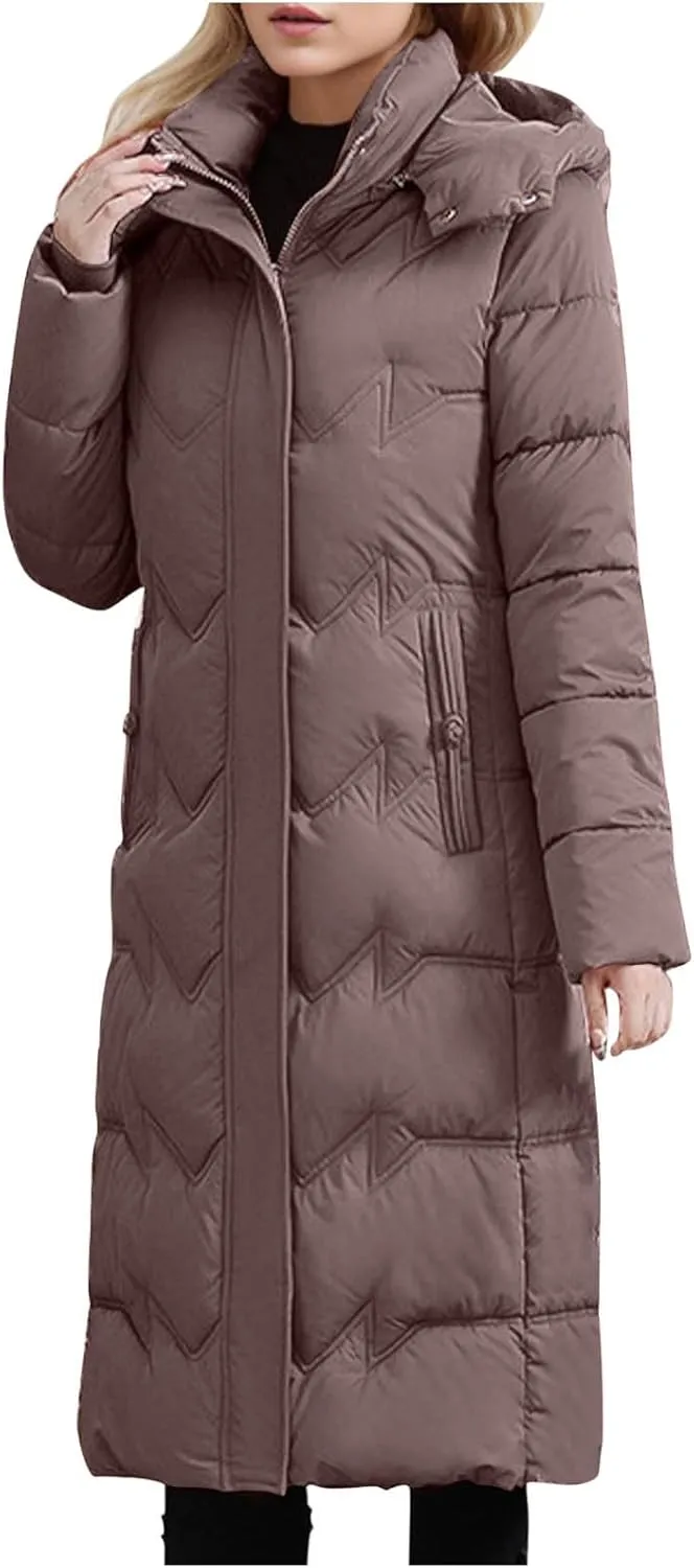 Borniu Women's Winter Down Jacket Long Quilted Puffer Coat Warm Hooded Slim Fit Outerwear Outdoor Thickened Puffer Jacket