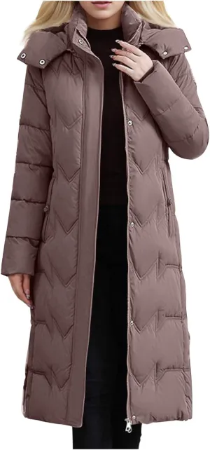 Borniu Women's Winter Down Jacket Long Quilted Puffer Coat Warm Hooded Slim Fit Outerwear Outdoor Thickened Puffer Jacket