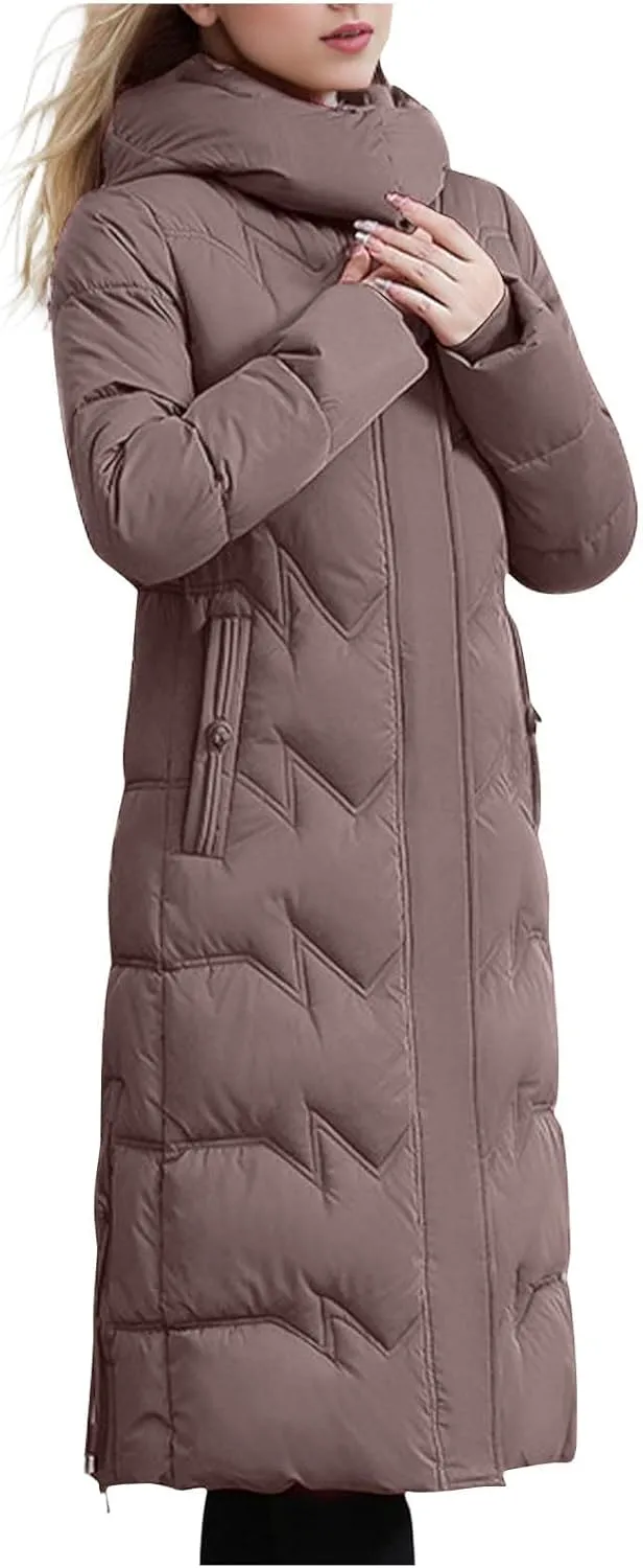 Borniu Women's Winter Down Jacket Long Quilted Puffer Coat Warm Hooded Slim Fit Outerwear Outdoor Thickened Puffer Jacket