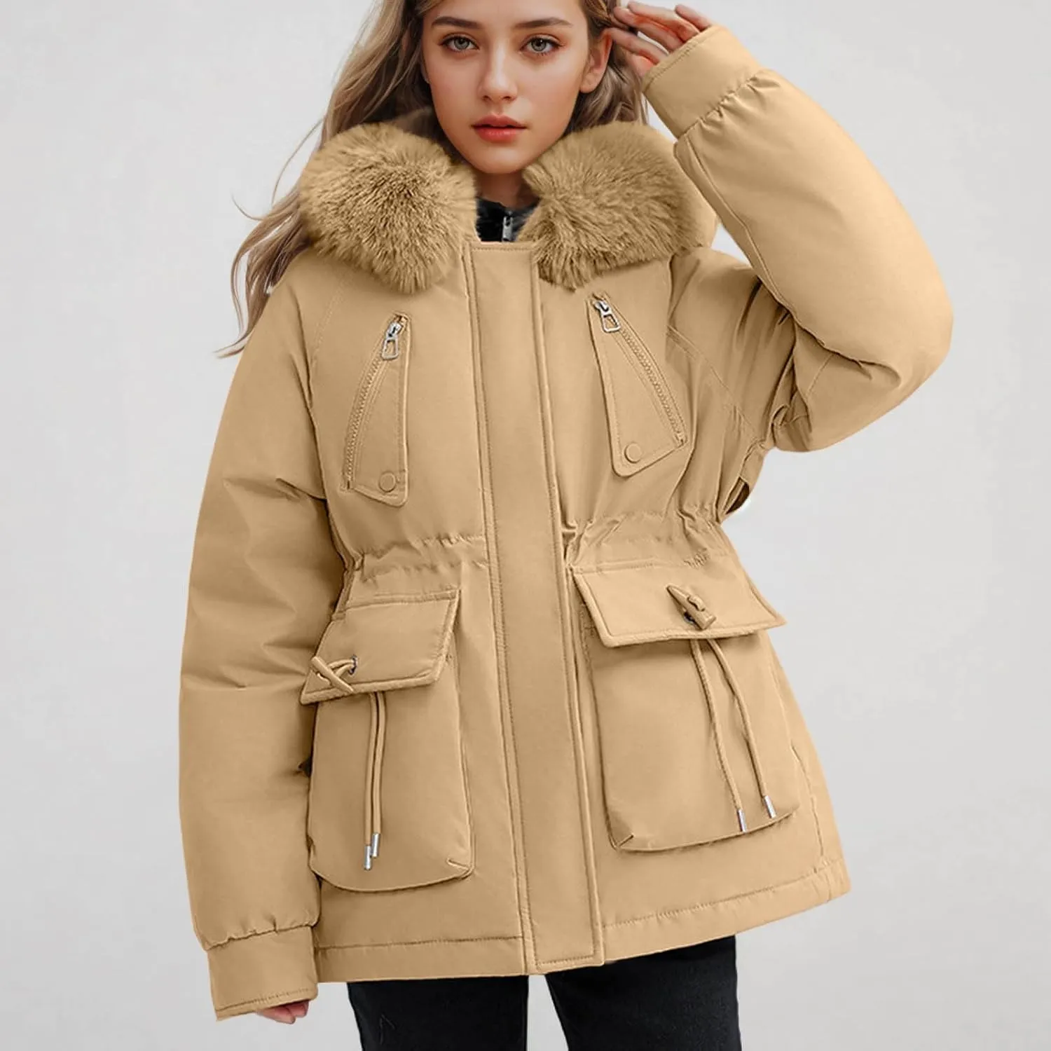 Borniu Women's Winter Puffer Coat Thicken Fleece Lined Down Jacket Faux Fur Detachable Hooded Parka Jacket Outerwear