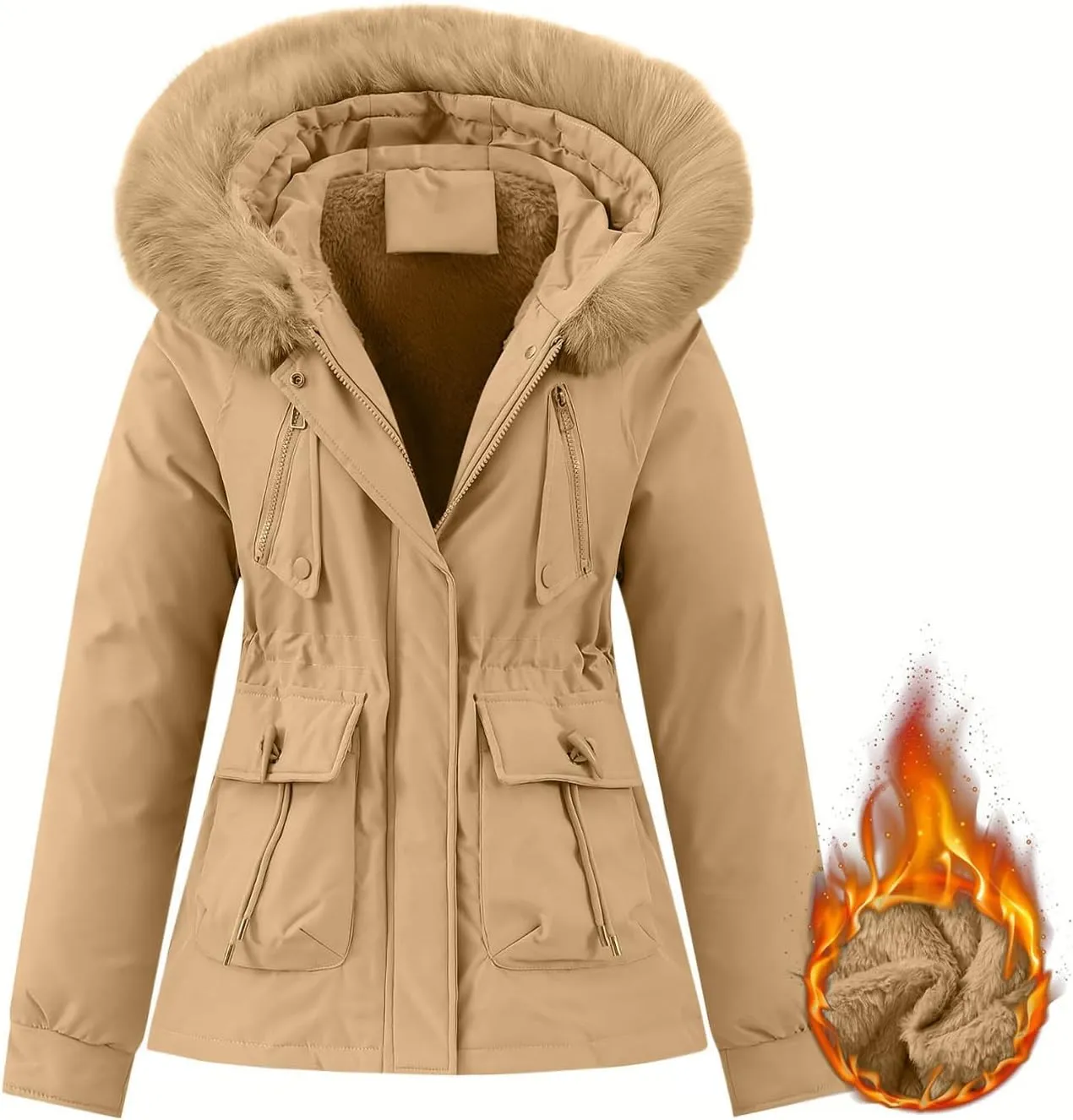 Borniu Women's Winter Puffer Coat Thicken Fleece Lined Down Jacket Faux Fur Detachable Hooded Parka Jacket Outerwear