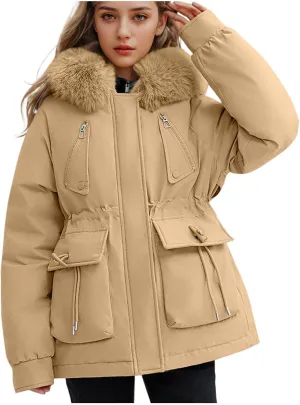 Borniu Women's Winter Puffer Coat Thicken Fleece Lined Down Jacket Faux Fur Detachable Hooded Parka Jacket Outerwear