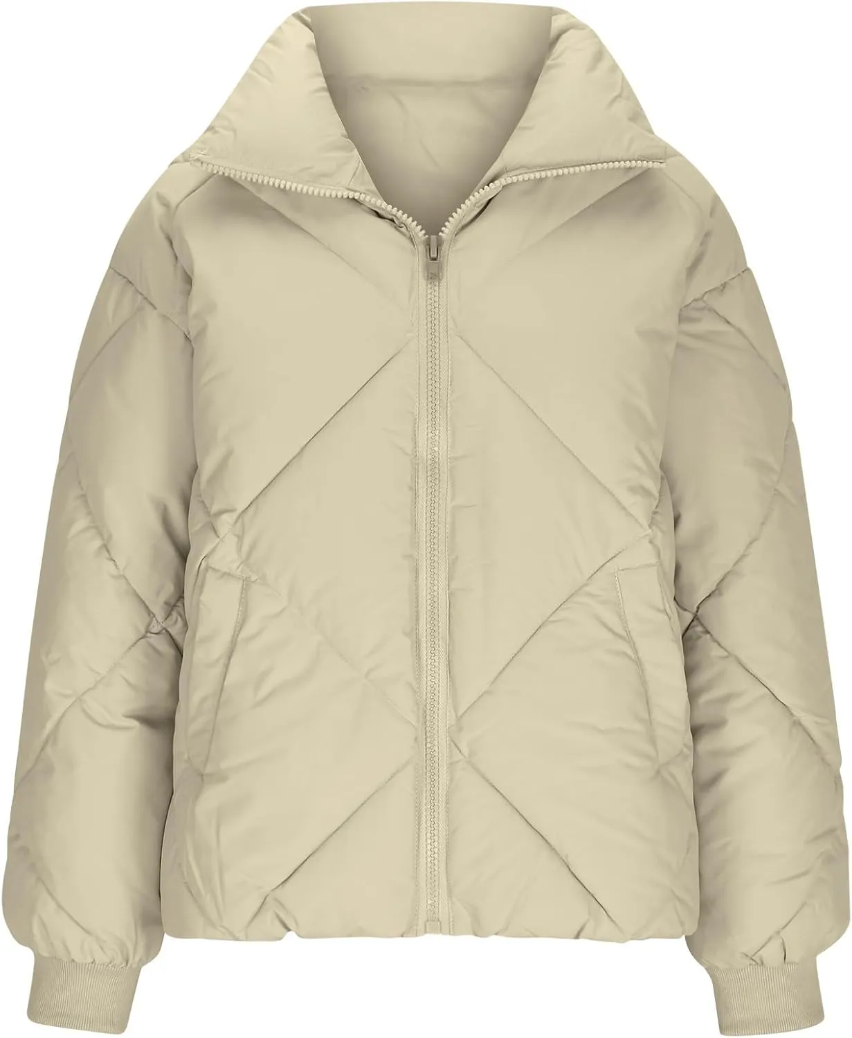 Borniu Womens Winter Quilted Jackets Long Sleeve Full Zip Puffer Jacket Stand Collar Baggy Short Down Coats Outerwear