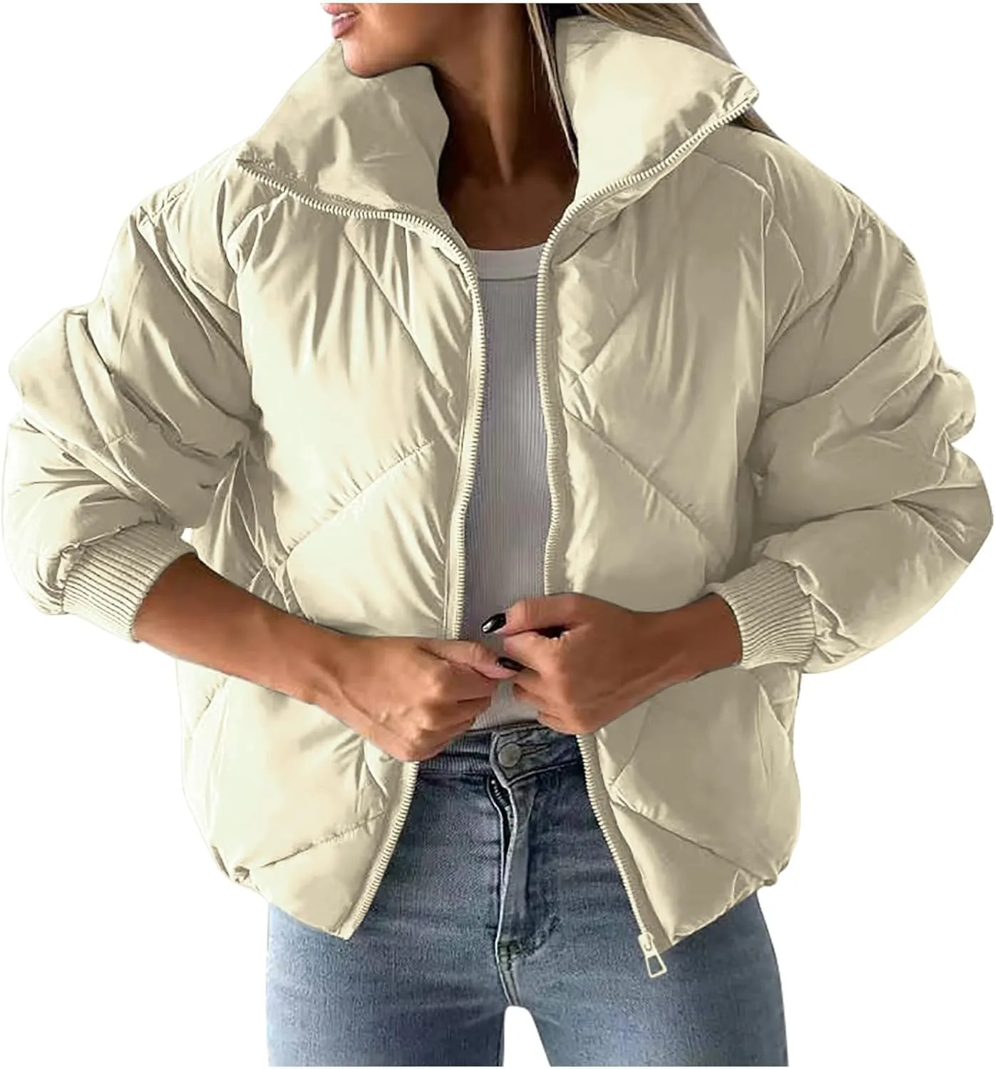 Borniu Womens Winter Quilted Jackets Long Sleeve Full Zip Puffer Jacket Stand Collar Baggy Short Down Coats Outerwear