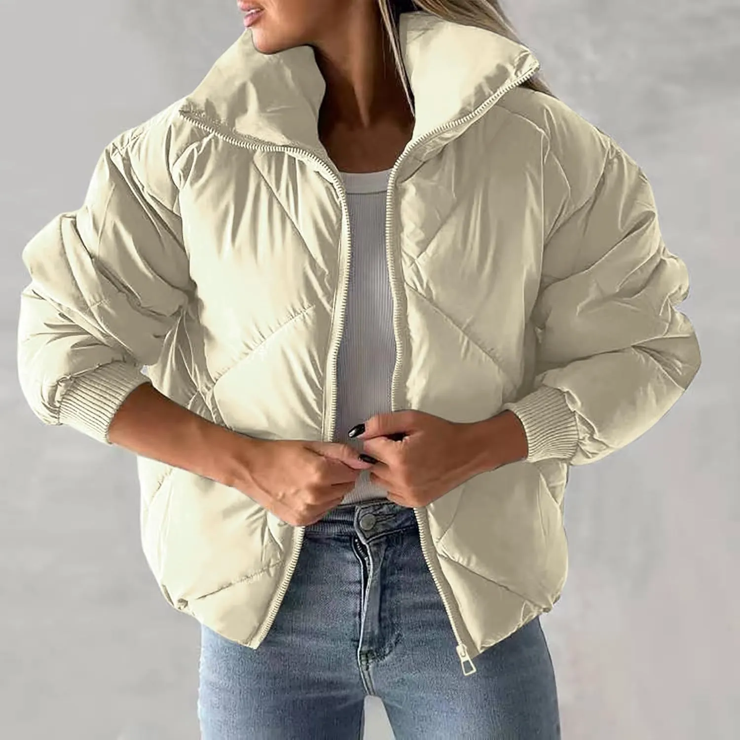 Borniu Womens Winter Quilted Jackets Long Sleeve Full Zip Puffer Jacket Stand Collar Baggy Short Down Coats Outerwear