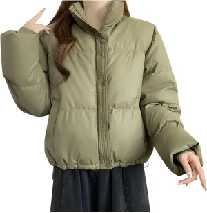 Borniu Womens Winter Quilted Jackets Long Sleeve Full Zip Puffer Jacket Stand Collar Baggy Short Down Coats with Pockets