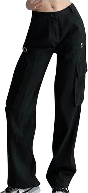 BZGTZT Womens Low Rise Straight Wide Leg Pants Retro Multi-Pocket Trousers Y2k Harajuku Streetwear for 90s Girls Sweatpants